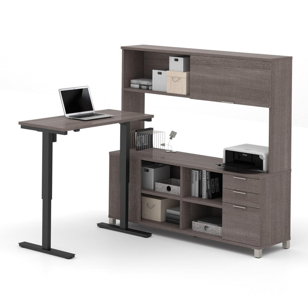 Bestar Pro-Linea 72inW L-Shaped Standing Corner Desk With Hutch, Bark Gray