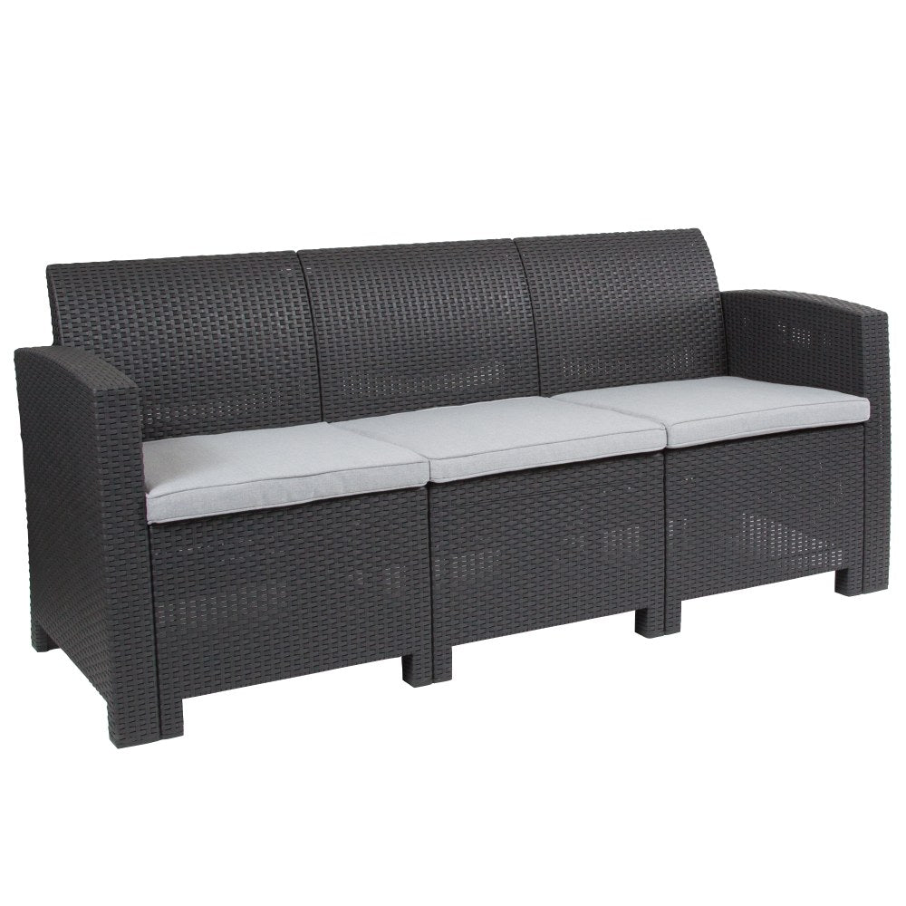 Flash Furniture Faux Rattan Outdoor Sofa With All-Weather Cushions, Dark Gray