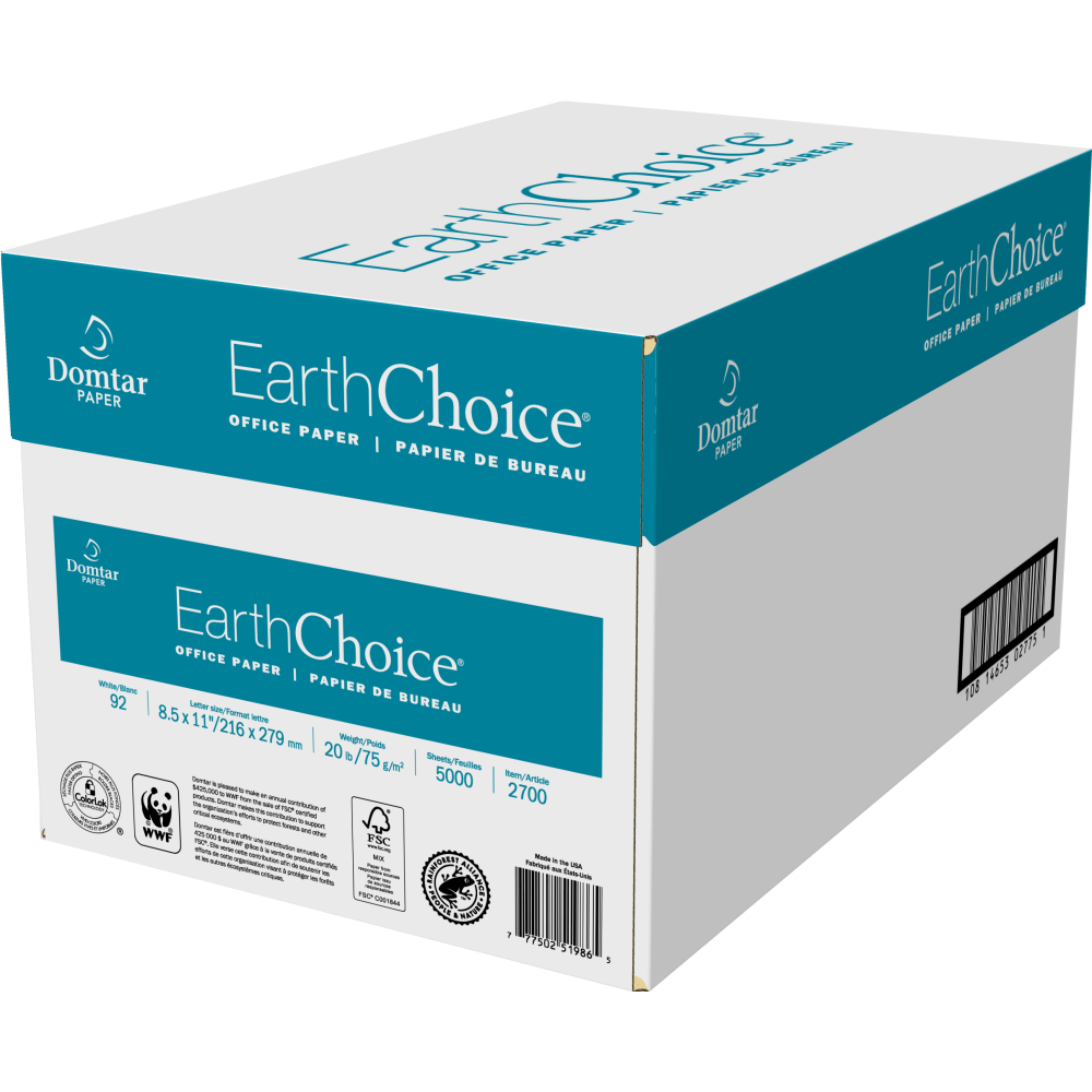 Domtar EarthChoice Office Multi-Use Printer & Copy Paper, White, Letter (8.5in x 11in), 5000 Sheets Per Case, 20 Lb, 92 Brightness, Case Of 10 Reams