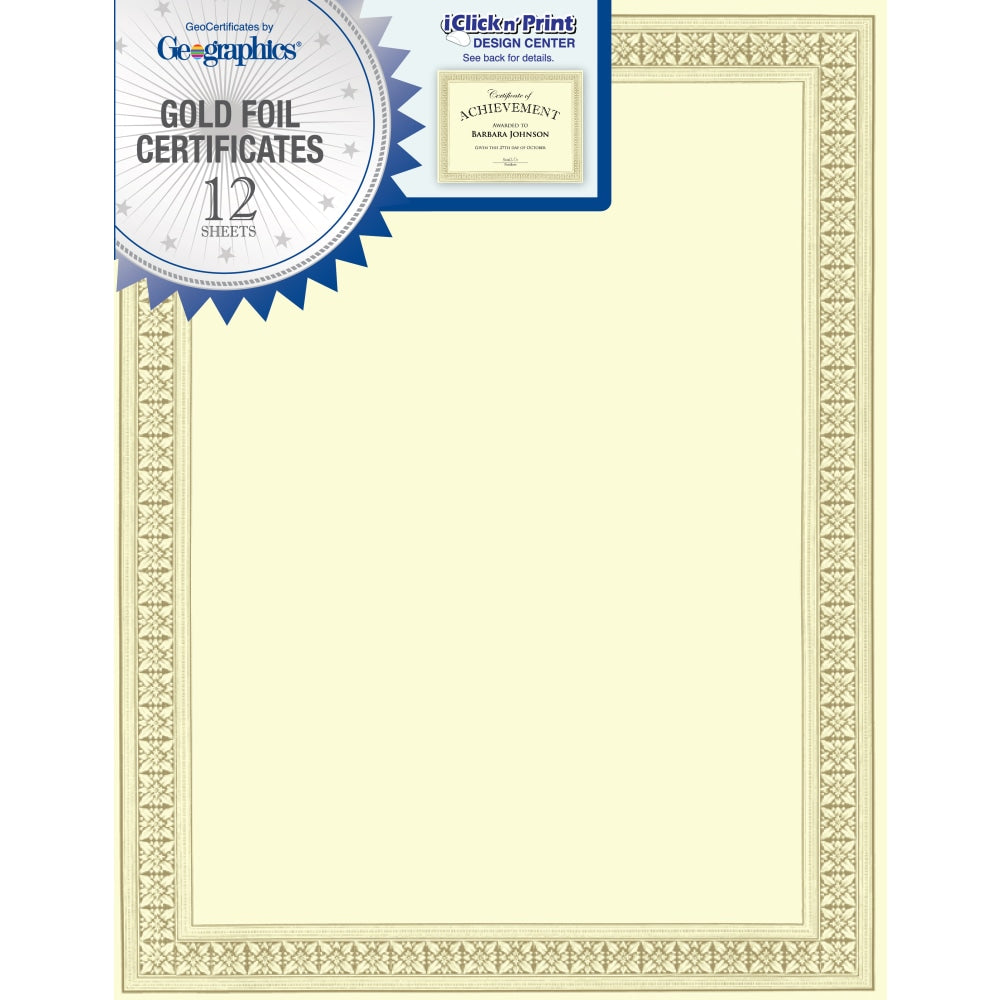 Geographics Foil Certificates, 8-1/2in x 11in, Gold Flourish, Pack Of 12