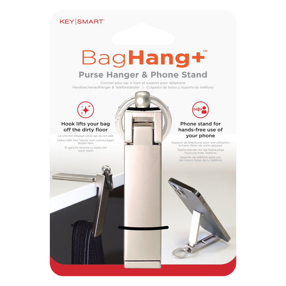 KeySmart BagHang Plus Purse Hanger & Phone Stands, 3-5/16inH x 1-5/16inW x 5/8inD, Silver, Box Of 2 Stands