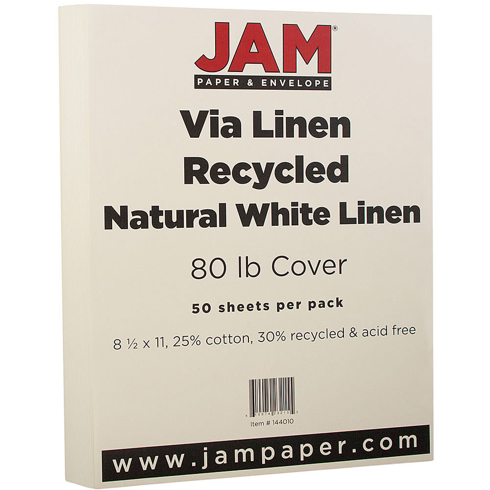 JAM Paper Card Stock, Strathmore Natural White Linen, Letter (8.5in x 11in), 80 Lb, 30% Recycled, Pack Of 50