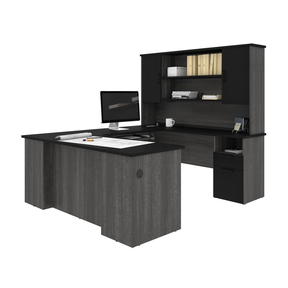 Bestar Norma 71inW U- Or L-Shaped Executive Corner Desk With Hutch, Black/Bark Gray