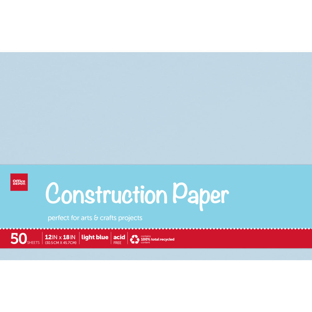 Office Depot Brand Construction Paper, 12in x 18in, 100% Recycled, Light Blue, Pack Of 50 Sheets