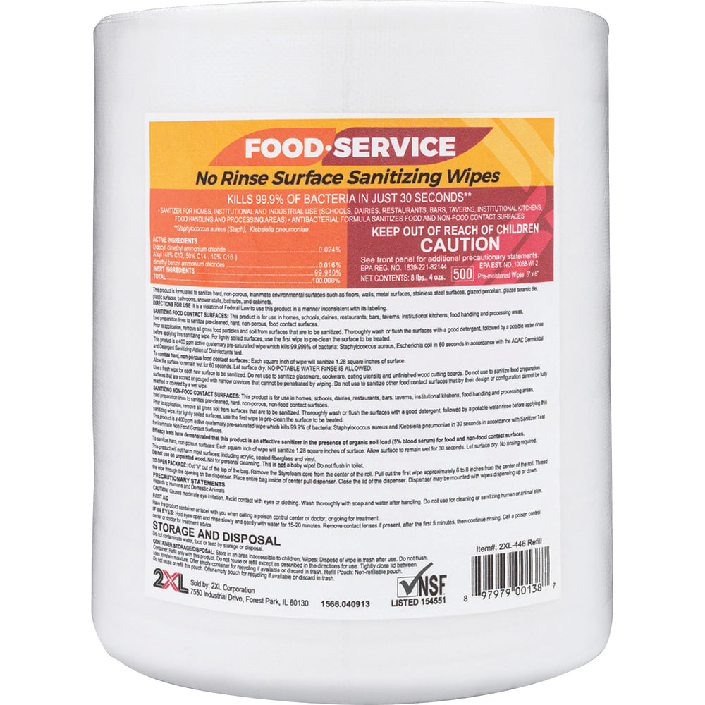 2XL No Rinse Food Service Sanitizing Wipes, 6in x 8in, White, 500 Sheets Per Roll