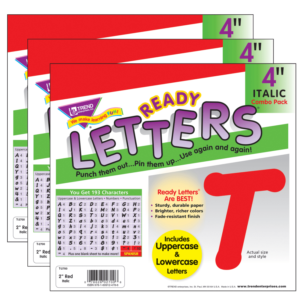 TREND Ready Letters, 4in, Italic Combo, Red, Set Of 3 Packs