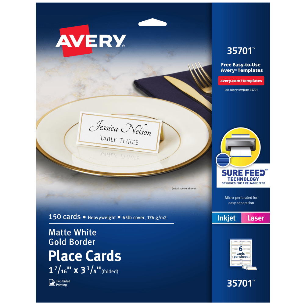 Avery Printable Place Cards With Sure Feed Technology, 1-7/16in x 3-3/4in, White With Gold Border, 150 Blank Place Cards