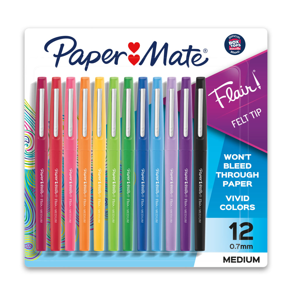 Paper Mate Flair Porous-Point Pens, Medium Point, 0.7 mm, Assorted Ink Colors, Pack Of 12 Pens