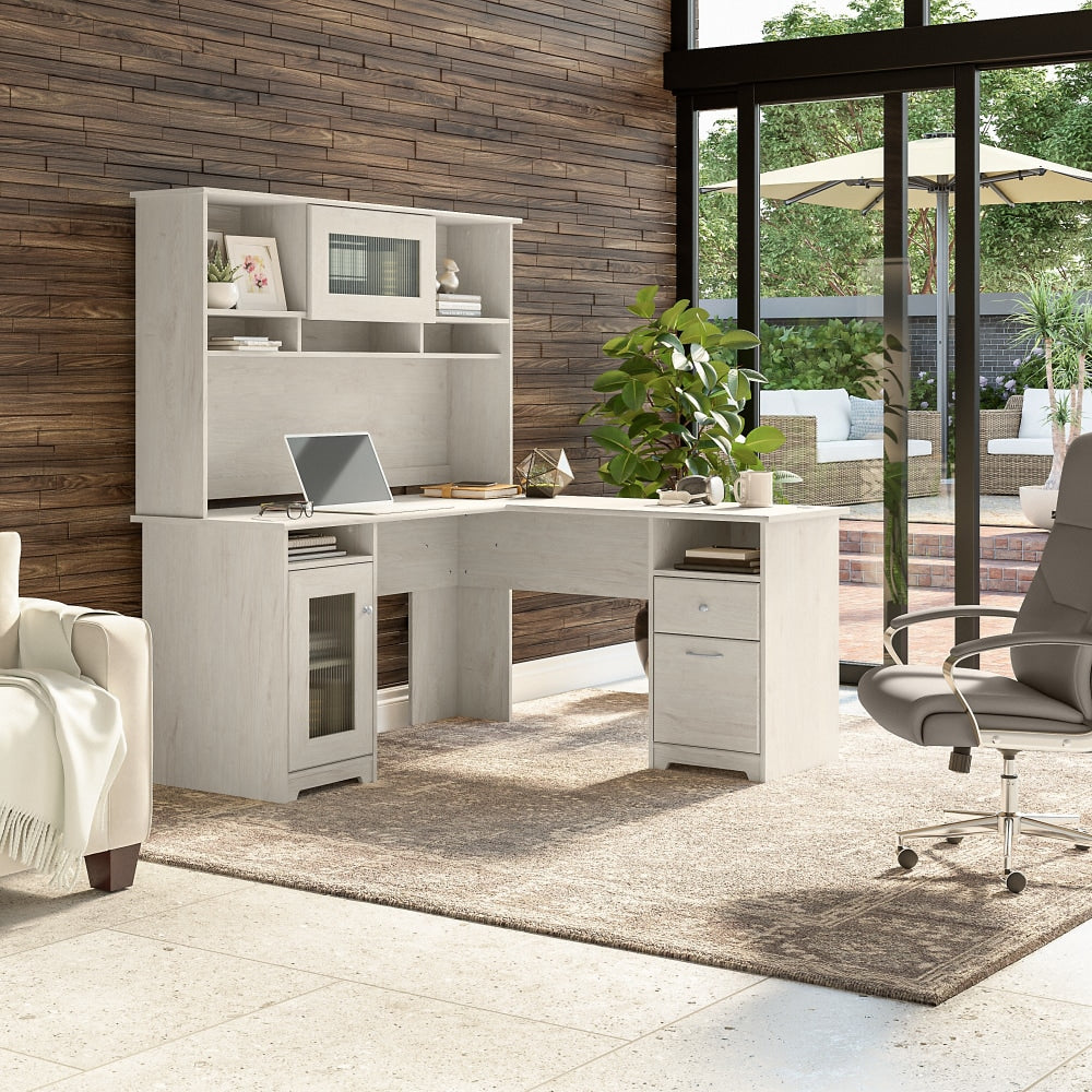 Bush Furniture Cabot 60inW L-Shaped Computer Desk With Hutch, Linen White Oak, Standard Delivery