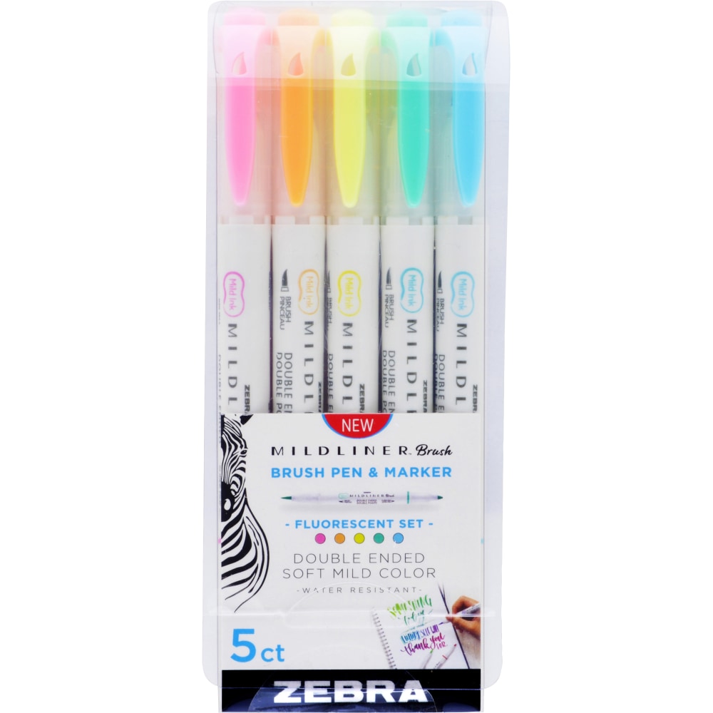 Zebra Pen MILDLINER Double-Ended Creative Markers, Pack Of 5, Fine/Brush Points, Assorted Warm Colors