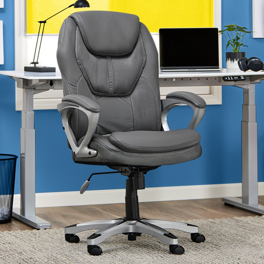 Serta Works Bonded Leather/Mesh High-Back Office Chair, Light Gray/Silver