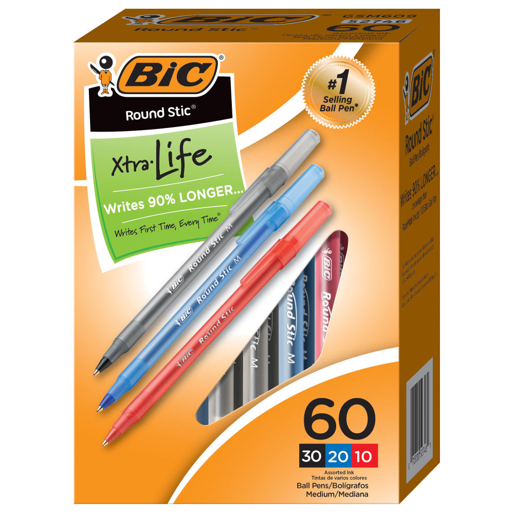 BIC Round Stic Xtra Life Ballpoint Pens, Medium Point, 1.0 mm, Assorted Colors, Pack Of 60 Pens