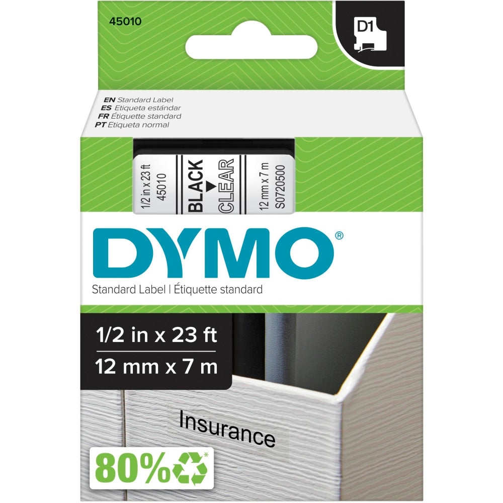 DYMO D1 Standard Label Tape, 45015, Rectangle, 0.5in x 23ft, Black On Clear