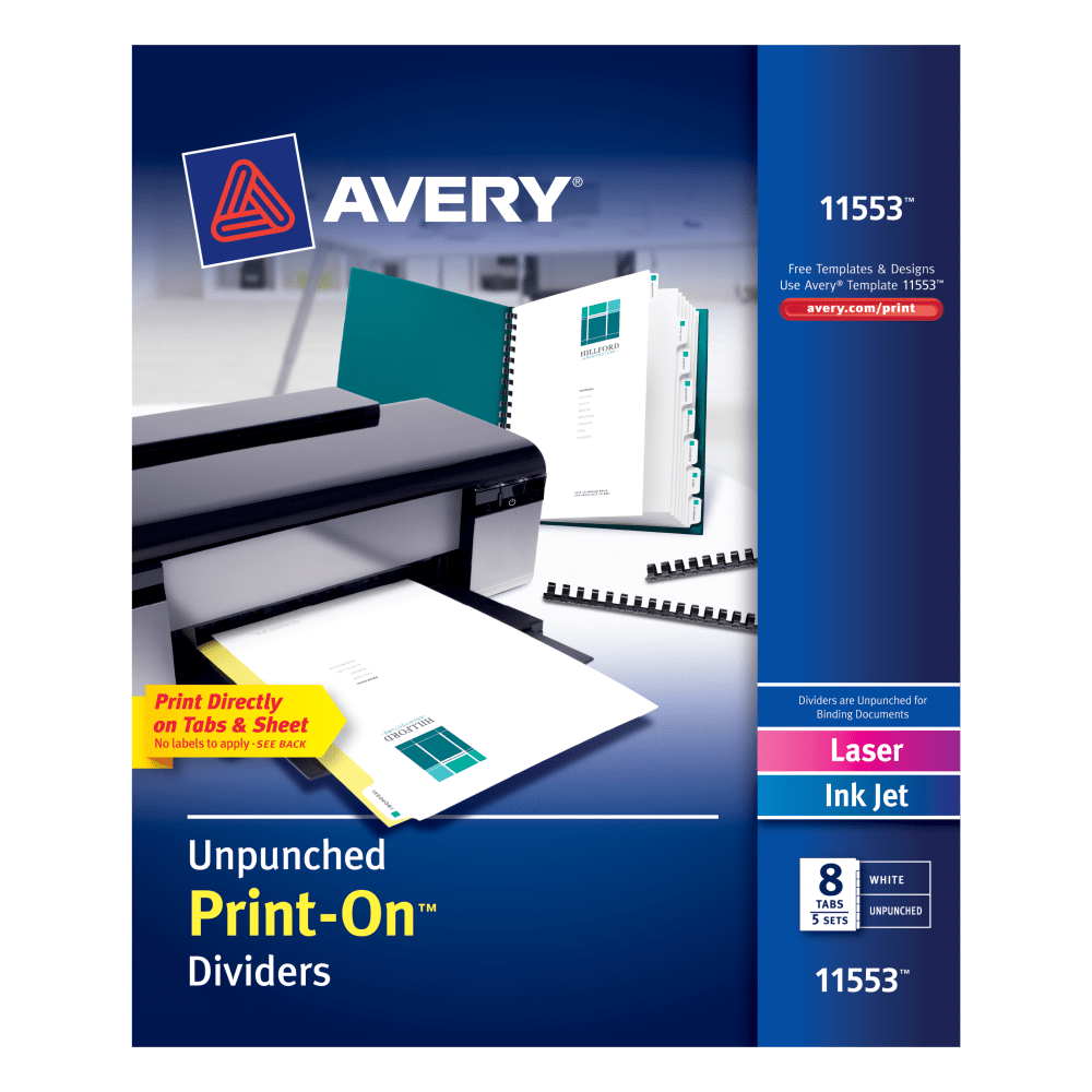 Avery Print-On Dividers, 8 1/2in x 11in, Unpunched, 8-Tab, White Dividers/White Tabs, Pack Of 5 Sets