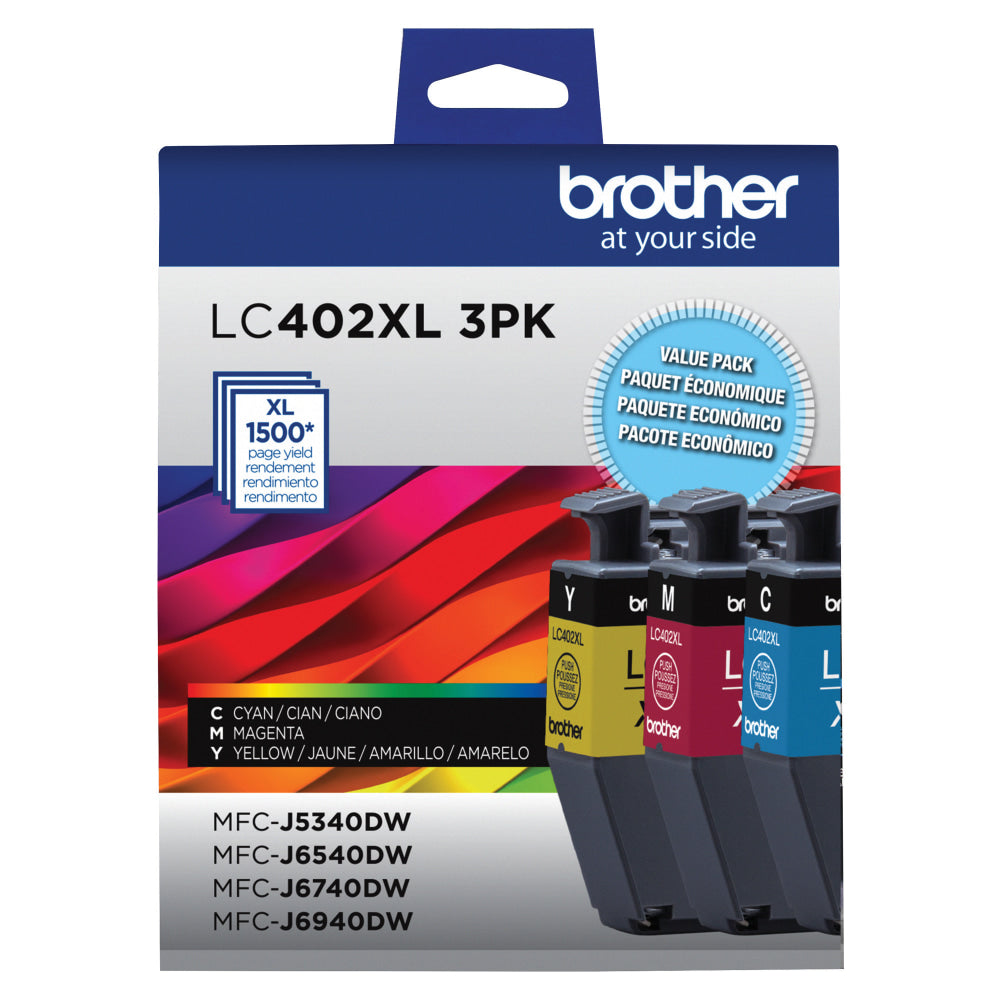 Brother LC402XL Cyan; Magenta; Yellow High-Yield Ink Cartridges, Pack Of 3, LC402XL 3PK