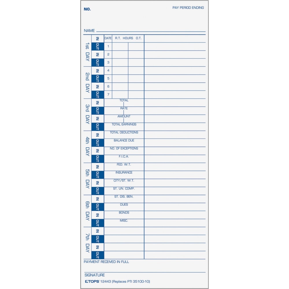 TOPS One-Side Weekly Time Cards - 4in x 9in Sheet Size - White Sheet(s) - Blue Print Color - 100 / Pack