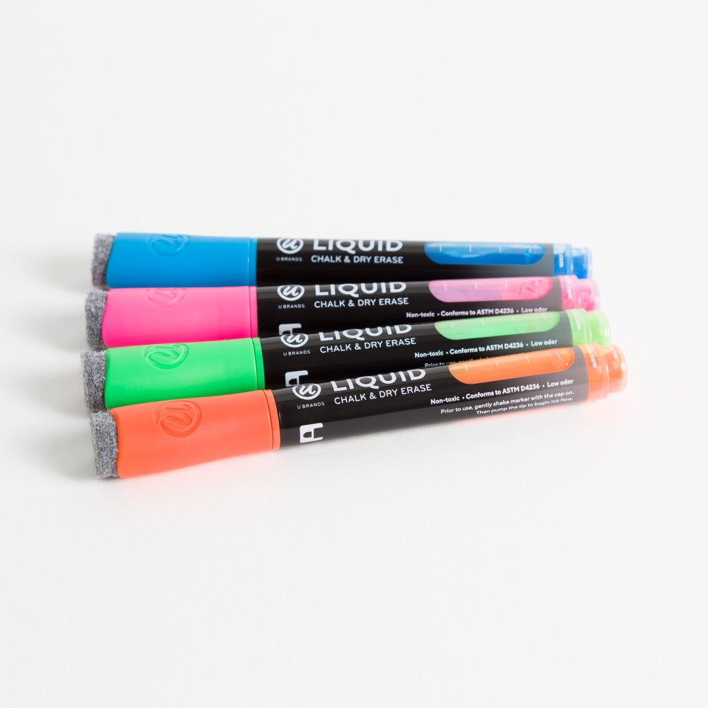 U Brands Liquid Chalk Markers, Bullet Tip, Black Barrel, Assorted Ink, Pack Of 4 Markers