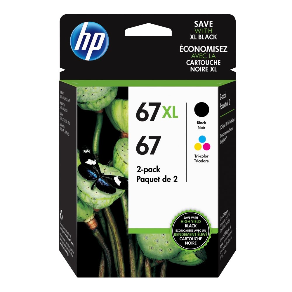 HP 67XL Black/67 Tri-Color High-Yield Ink Cartridges, Pack Of 2, 3YP30AN