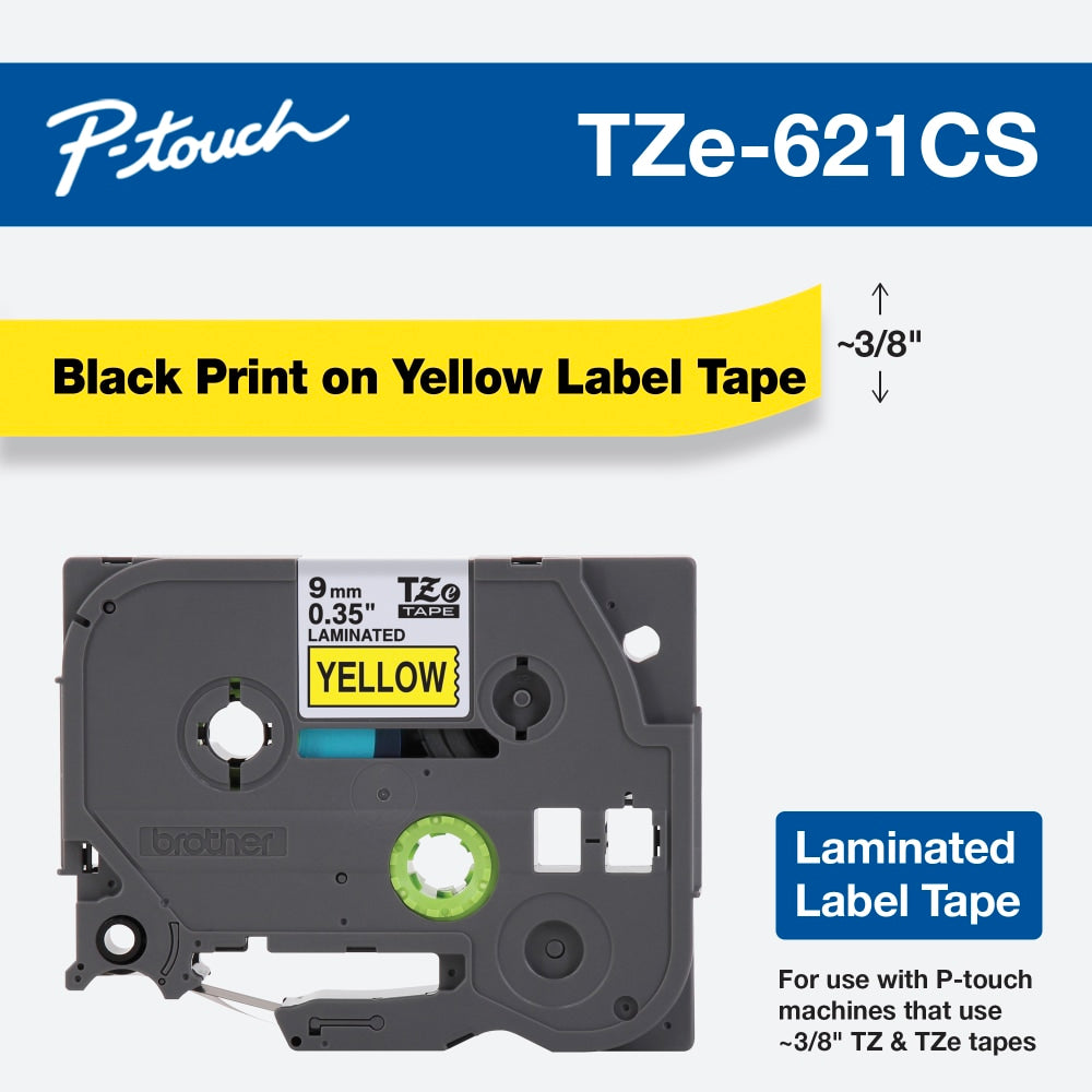 Brother TZE621CS Genuine P-Touch Laminated Label Tape, 3/8in x 26-1/4ft, Yellow/Black