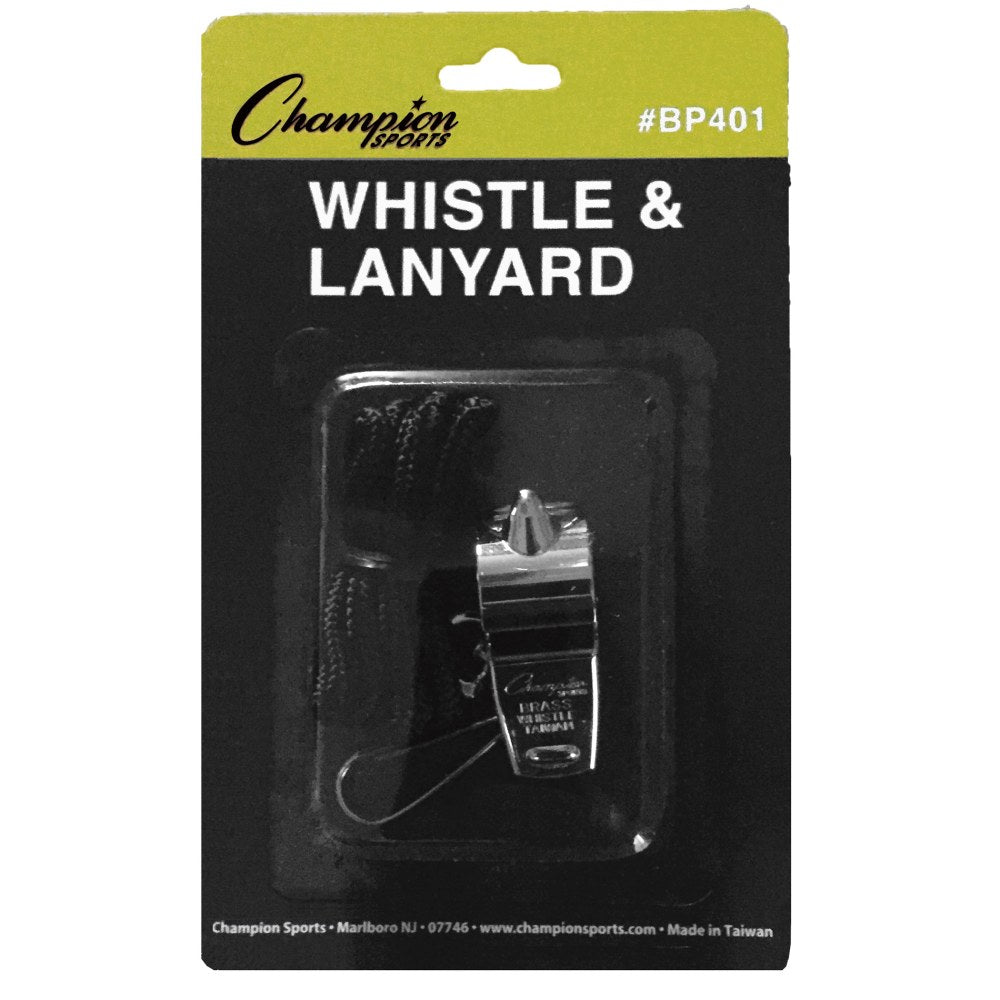 Champion Sports Metal Whistle & Lanyard Packs, 13/16inH x 13/16inW x 1-3/4inD, Silver/Black, Set Of 6 Packs