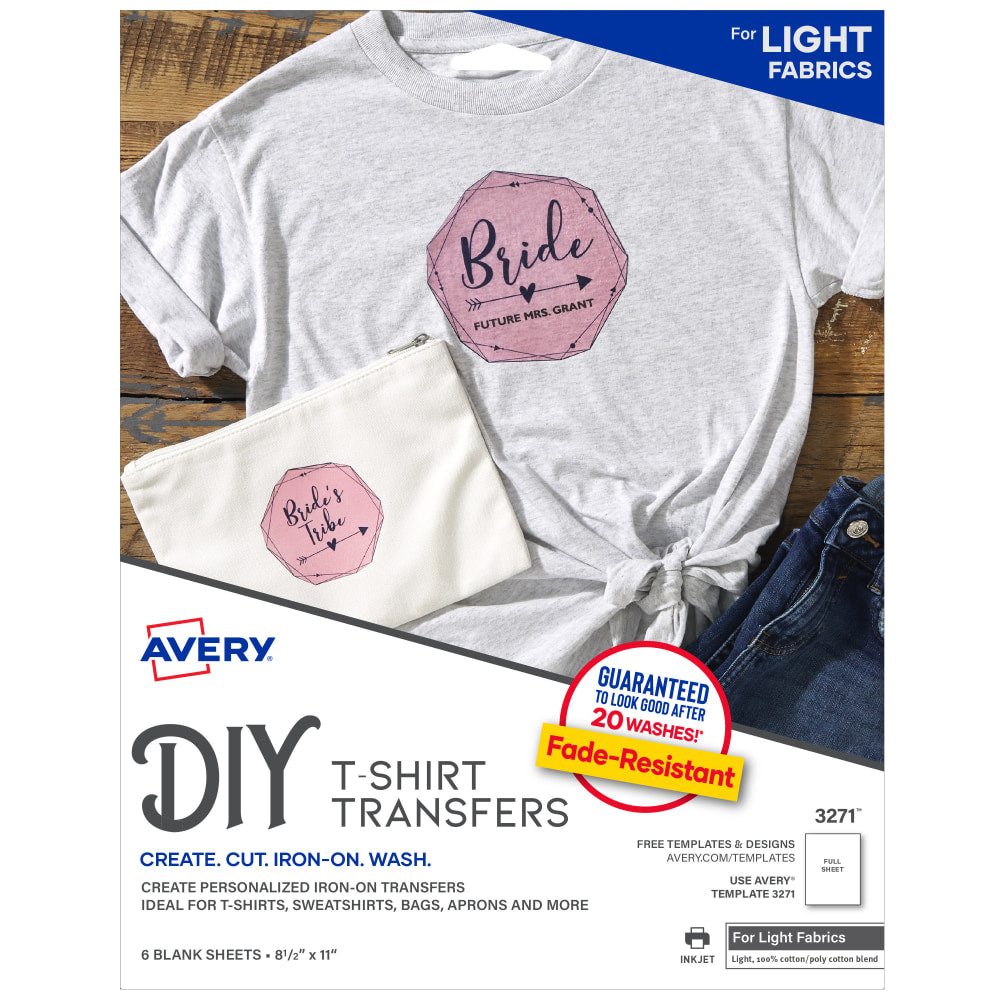 Avery Light Fabric T-Shirt Transfers For Inkjet Printers, 3271, Pack Of 6