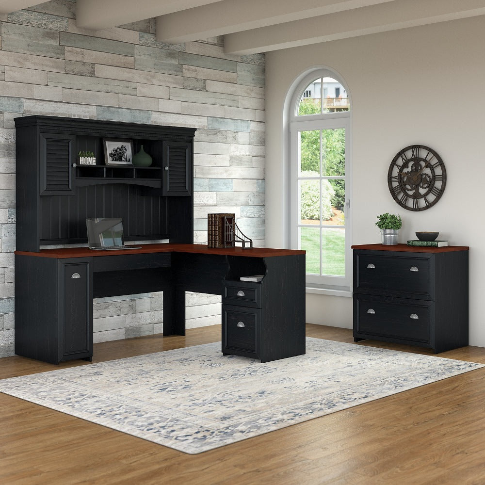 Bush Business Furniture Fairview 60inW L-Shaped Corner Desk With Hutch And Lateral File Cabinet, Antique Black/Hansen Cherry, Standard Delivery