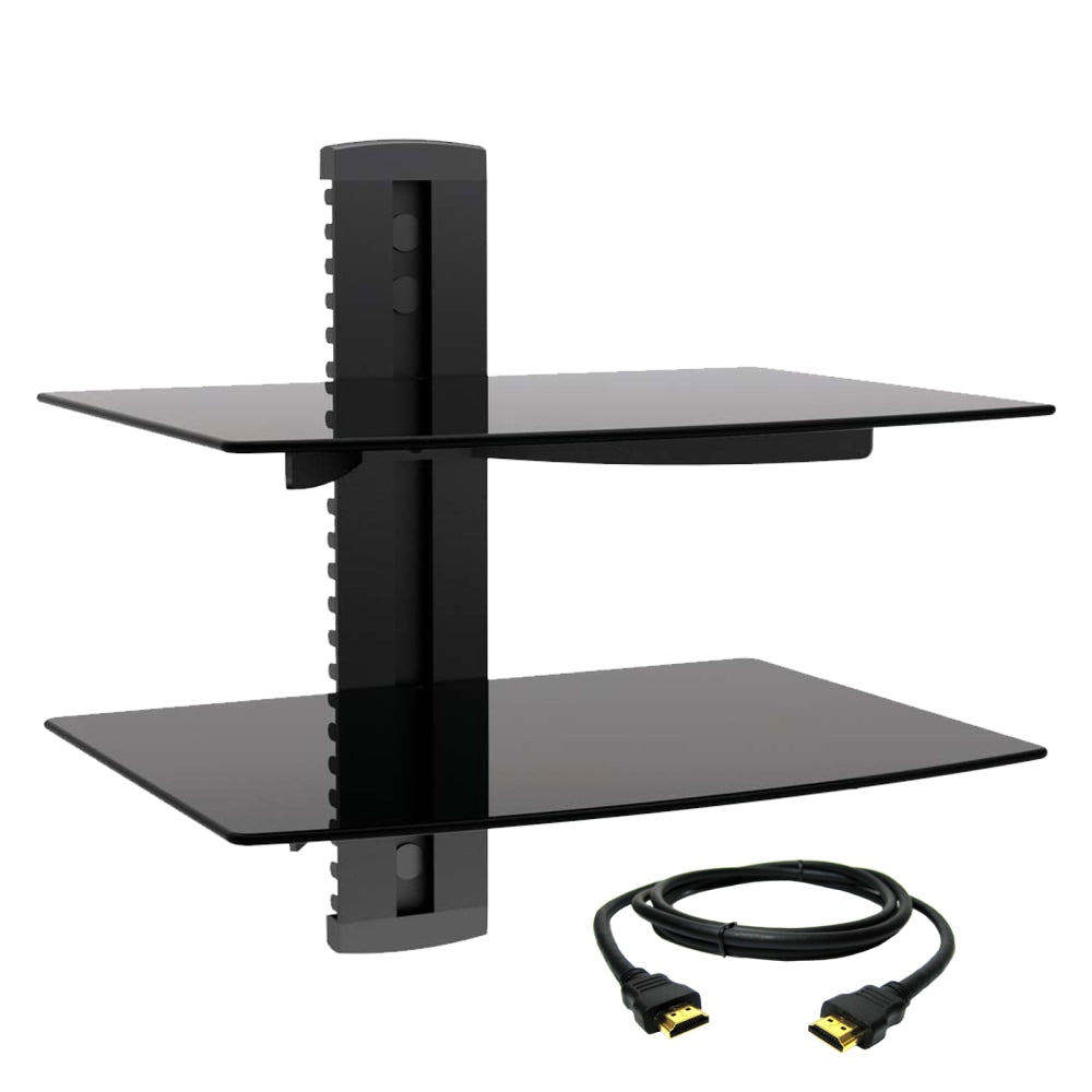 MegaMounts Tempered-Glass Double Shelf Wall Mount With HDMI Cable, 15inH x 14.25inW x 11inD, Black