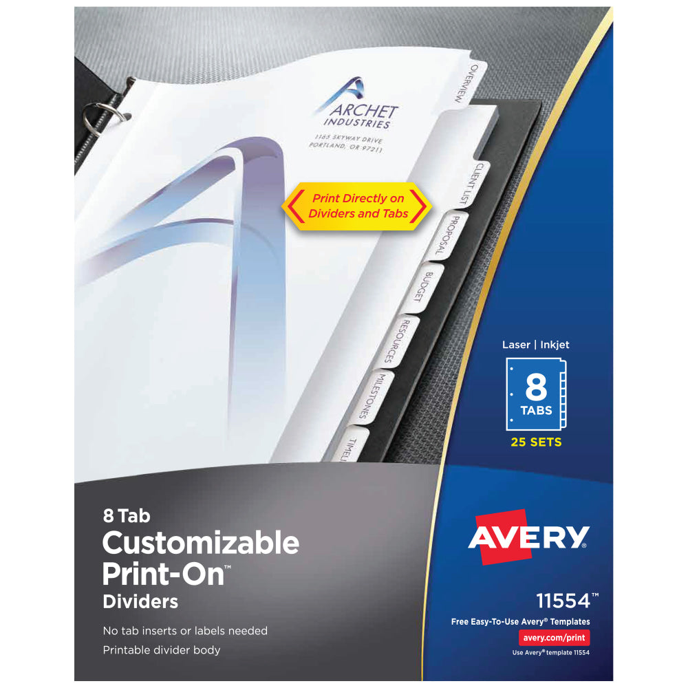 Avery Customizable Print-On Dividers, 8 1/2in x 11in, 8 Tabs, White, Pack Of 25 Sets