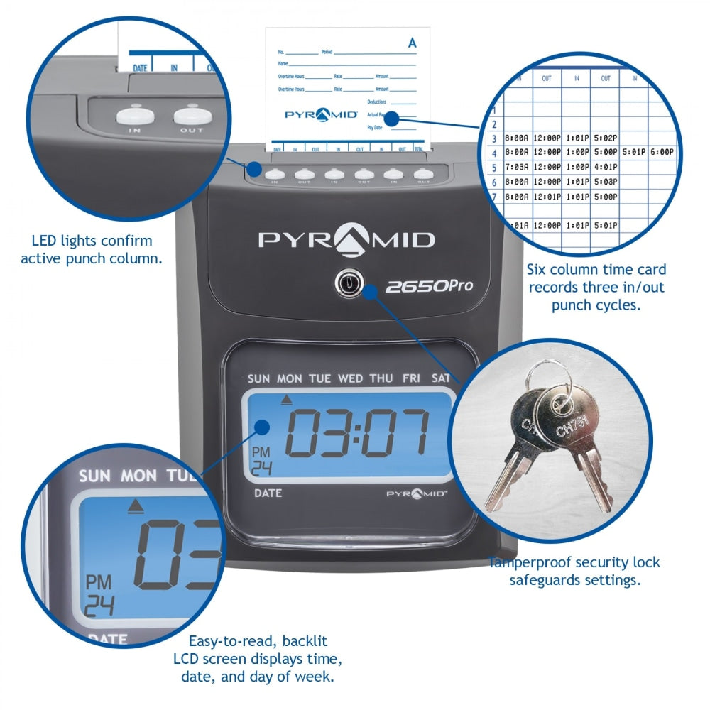 Pyramid 2650Pro 6-Column Top Loading Time Clock, 8.5in x 7.25in x 5in, Charcoal