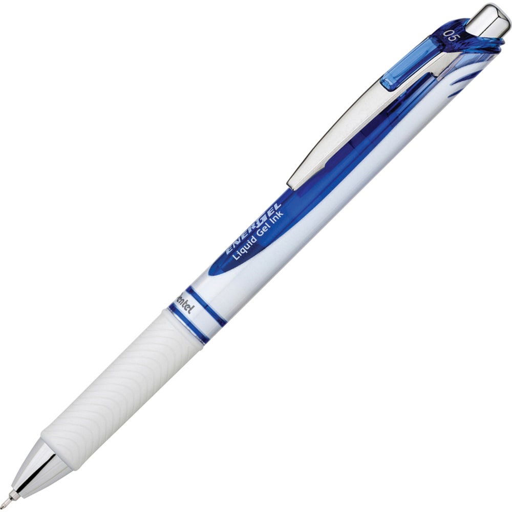 Pentel EnerGel Pearl Liquid Gel Pens, Pack Of 12, Fine Point, 0.5 mm, Pearl White/Silver Barrel, Blue Ink