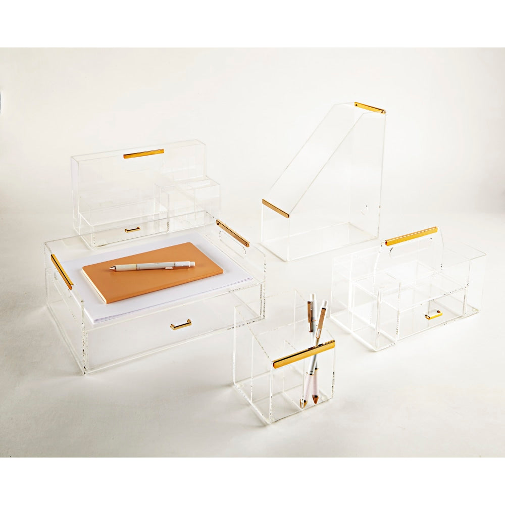 Realspace Vayla Acrylic Desktop Caddy With Letter Sorter, 4-7/8inH x 8-1/4inW x 5-7/8inD, Clear/Gold