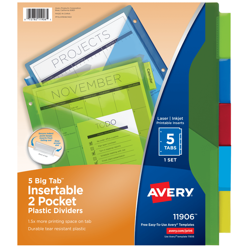 Avery Dividers for 3 Ring Binders, 5-Tab Binder Dividers, Two-Pocket Plastic Binder Dividers, Insertable Big Tab, Multicolor, 1 Set (11906)