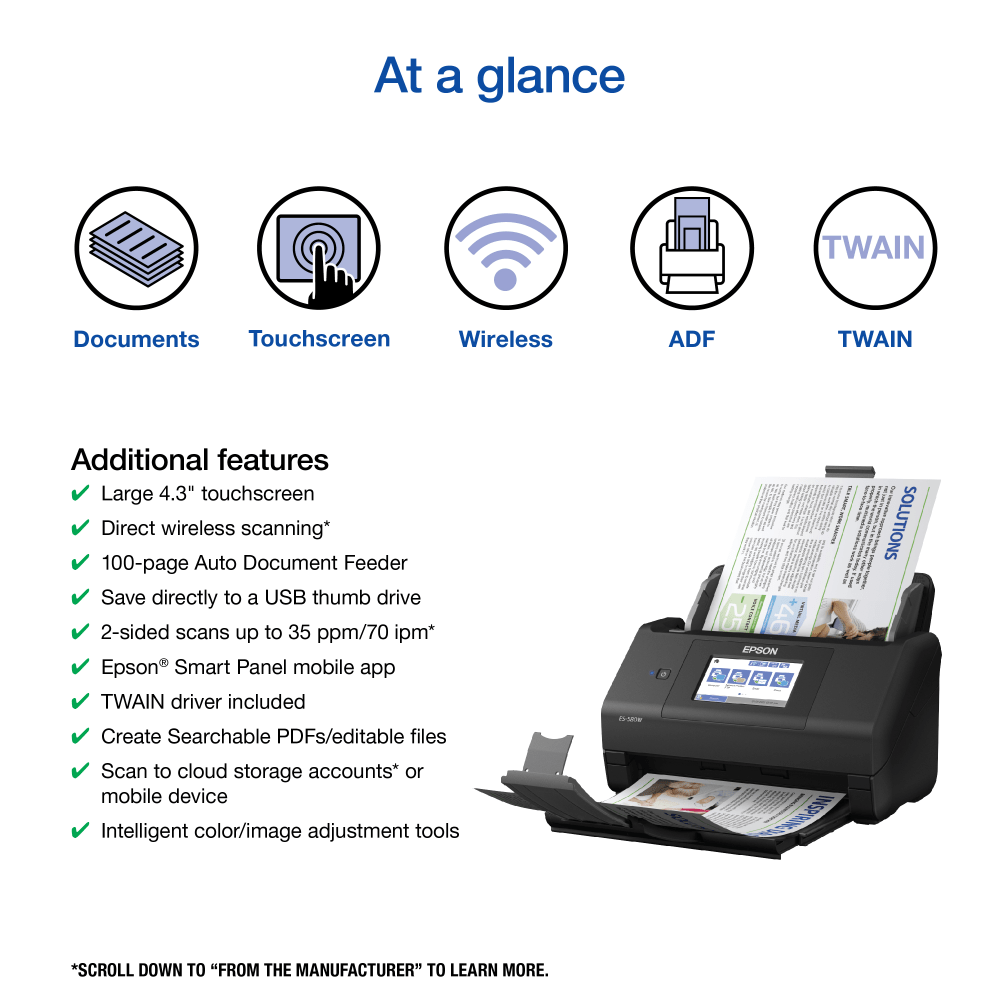 Epson WorkForce ES-580W Wireless Duplex Touchscreen Desktop Color Document Scanner with Auto Document Feeder