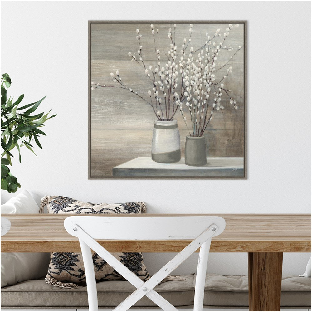 Amanti Art Pussy Willow Still Life Gray Pots Crop by Julia Purinton Framed Canvas Wall Art Print, 22in x 22in, Graywash