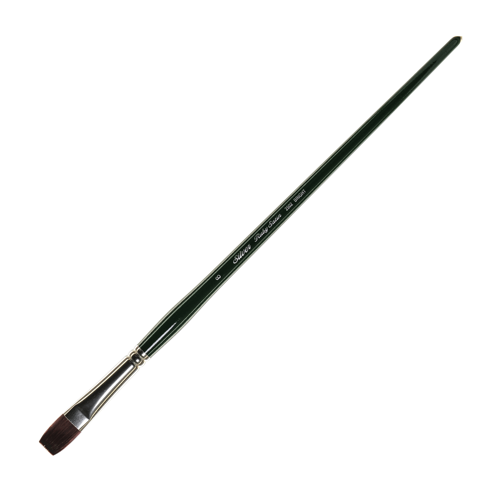 Silver Brush Ruby Satin Series Long-Handle Paint Brush 2502, Size 8, Bright Bristle, Synthetic, Green