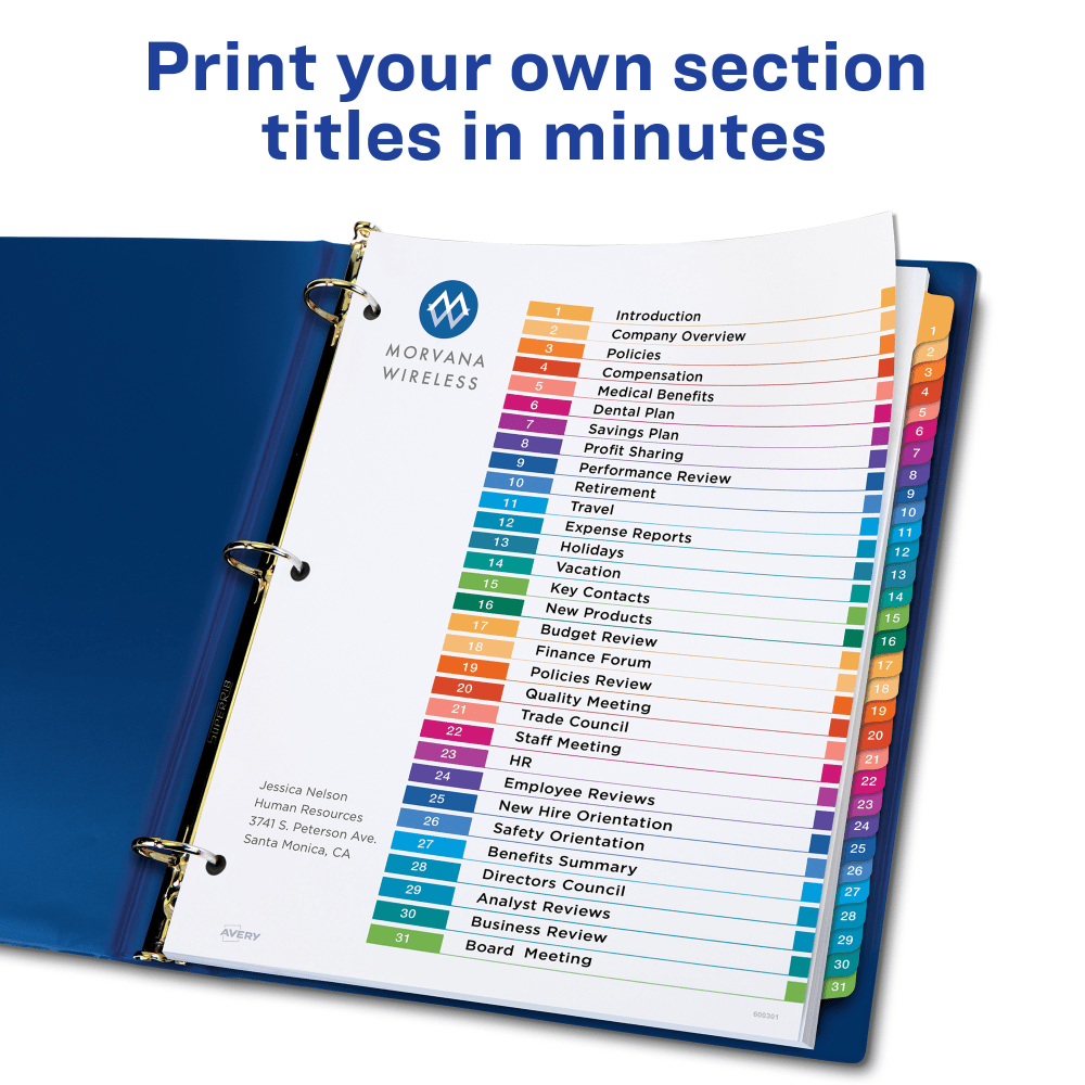 Avery Ready Index 1-31 Tab Binder Dividers With Customizable Table Of Contents, 8-1/2in x 11in, 31 Tab, White/Multicolor, 1 Set