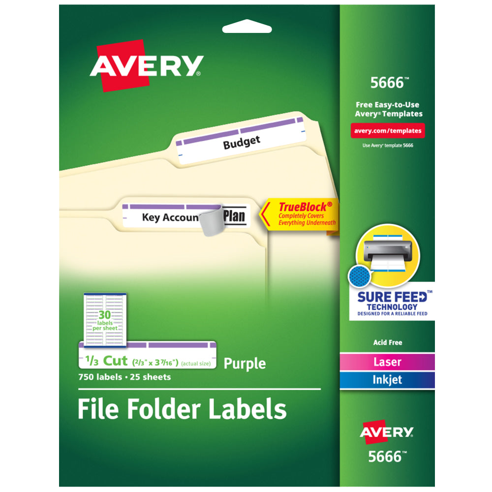 Avery TrueBlock File Folder Labels With Sure Feed Technology, 5666, Rectangle, 2/3in x 3-7/16in, White/Purple, Pack Of 750