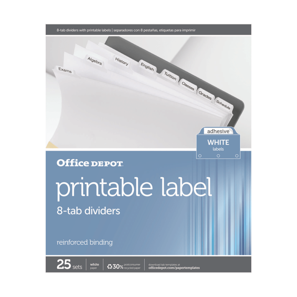 Office Depot Brand Plain Dividers With Tabs And Labels, White, 8-Tab, Pack Of 25 Sets