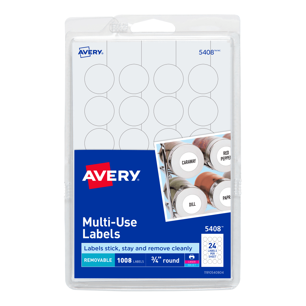 Avery Removable Multipurpose Labels, 5408, Round, 3/4in Diameter, White, Pack Of 1,008