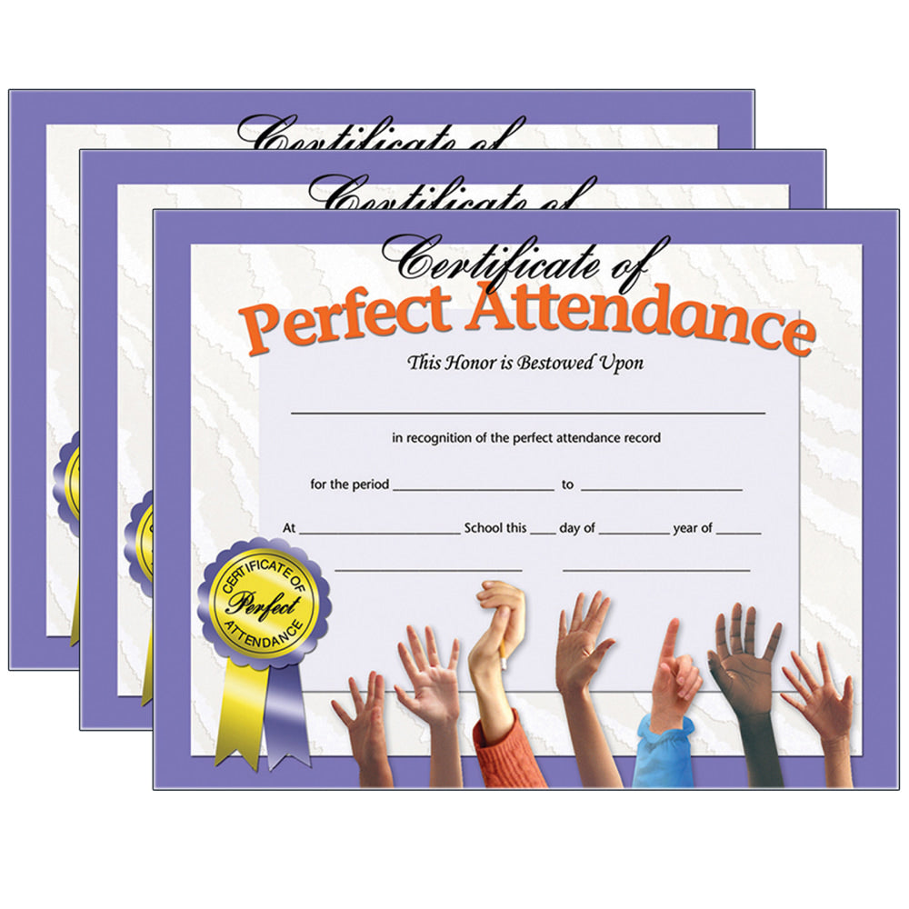 Hayes Certificates, 8-1/2in x 11in, Perfect Attendance, Hands, 30 Certificates Per Pack, Set Of 3 Packs