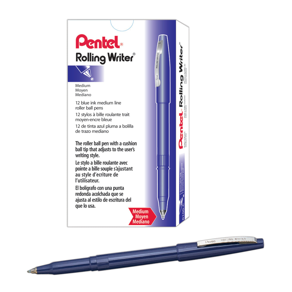 Pentel Rolling Writer Pens, Medium Point, 0.8 mm, Blue Barrel, Blue Ink, Pack Of 12 Pens