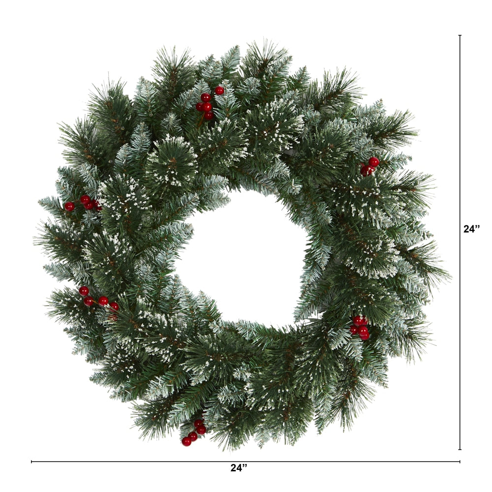 Nearly Natural 24inH Frosted Swiss Pine Artificial Wreath With 35 LED Lights And Berries, 24in x 5in, Green