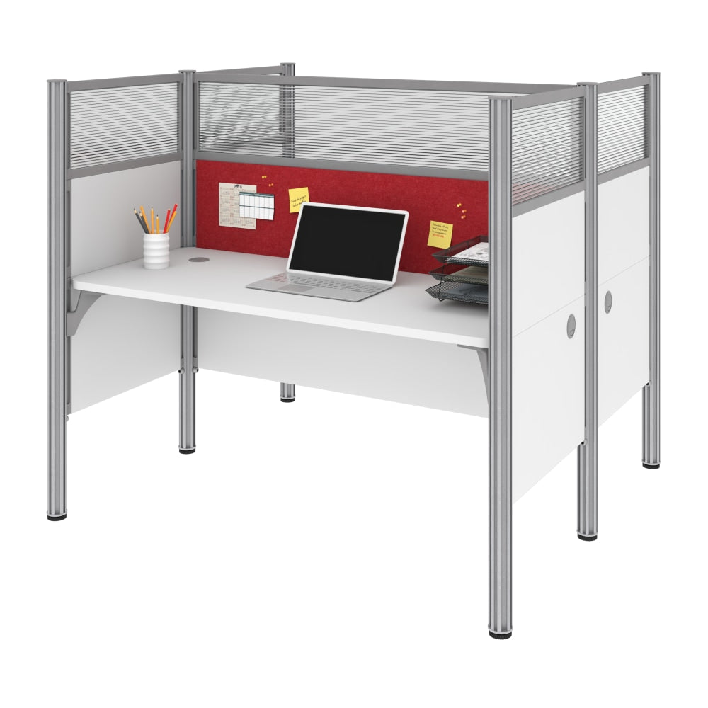 Bestar Pro-Biz 63inW Computer Desk Office Cubicles With Tack Boards And High Privacy Panels, Red/White