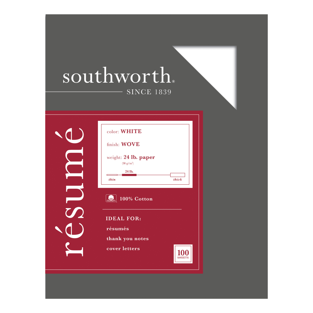 Southworth 100% Cotton Resume Paper, 8 1/2in x 11in, 24 Lb, 100% Recycled, White, Pack Of 100