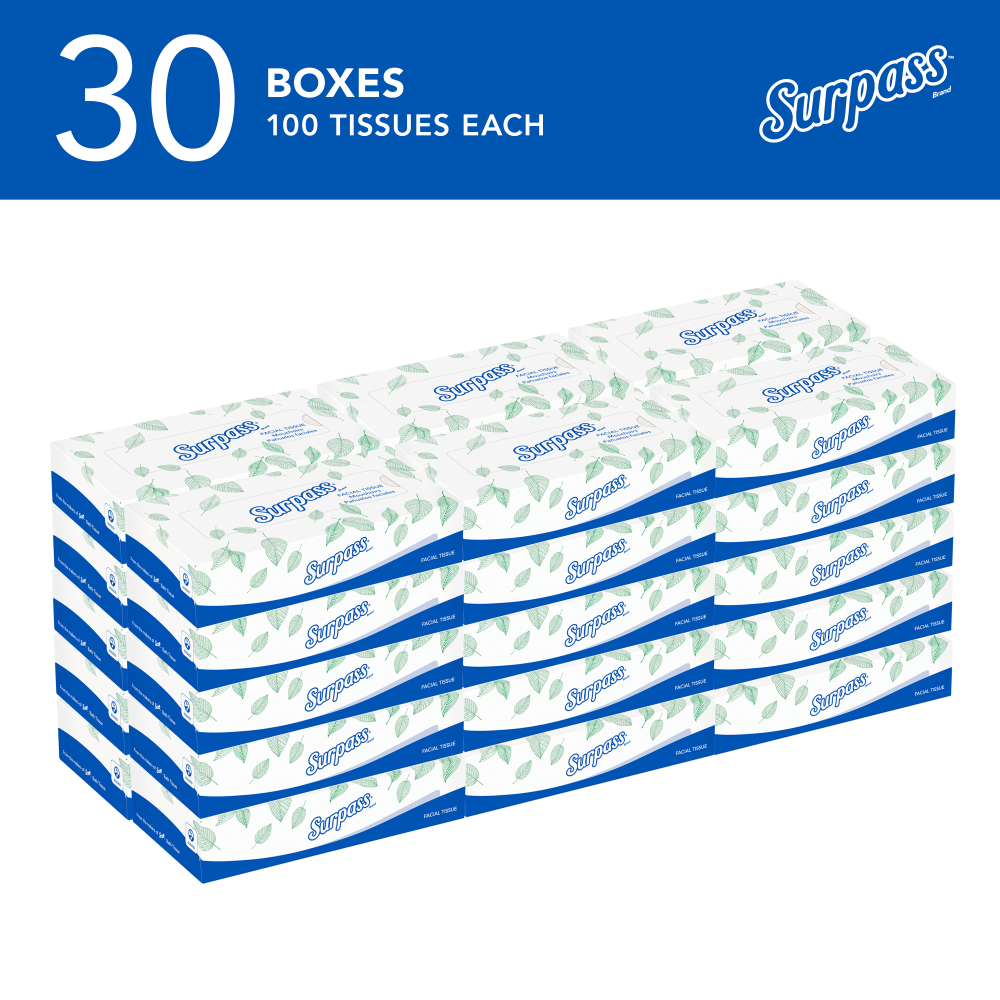 Surpass 2-Ply Facial Tissue, Unscented, 100 Tissues Per Box, Case of 30 Boxes