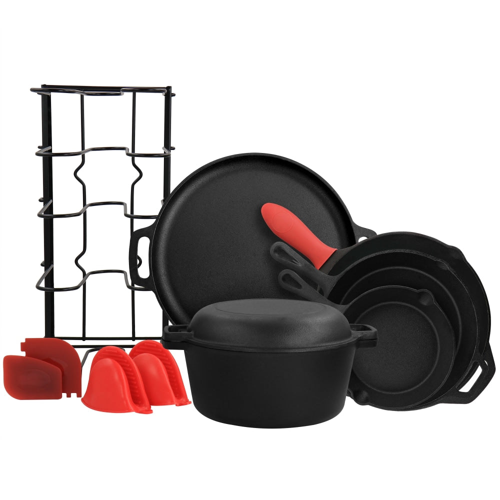 MegaChef 12-Piece Round Pre-Seasoned Cast Iron Cookware Set, Black