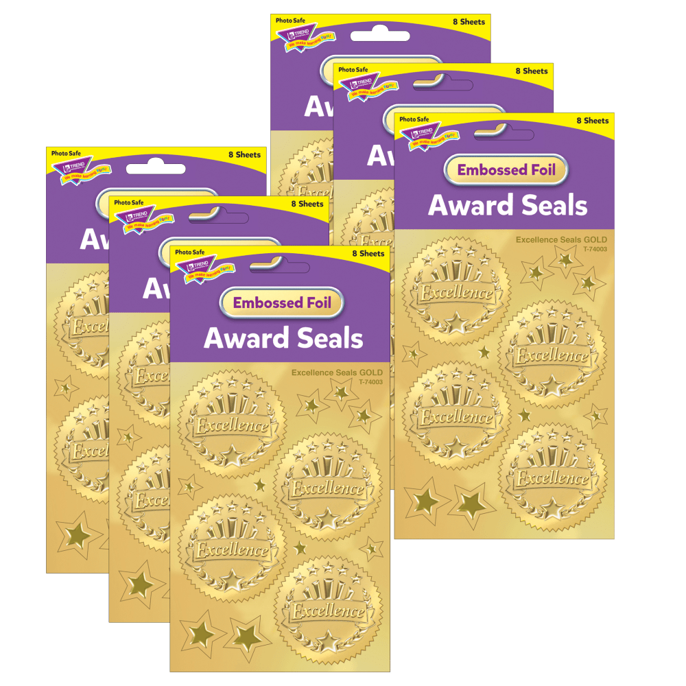 TREND Award Seal Stickers, 2in, Excellence, Gold, 32 Stickers Per Pack, Set Of 6 Packs