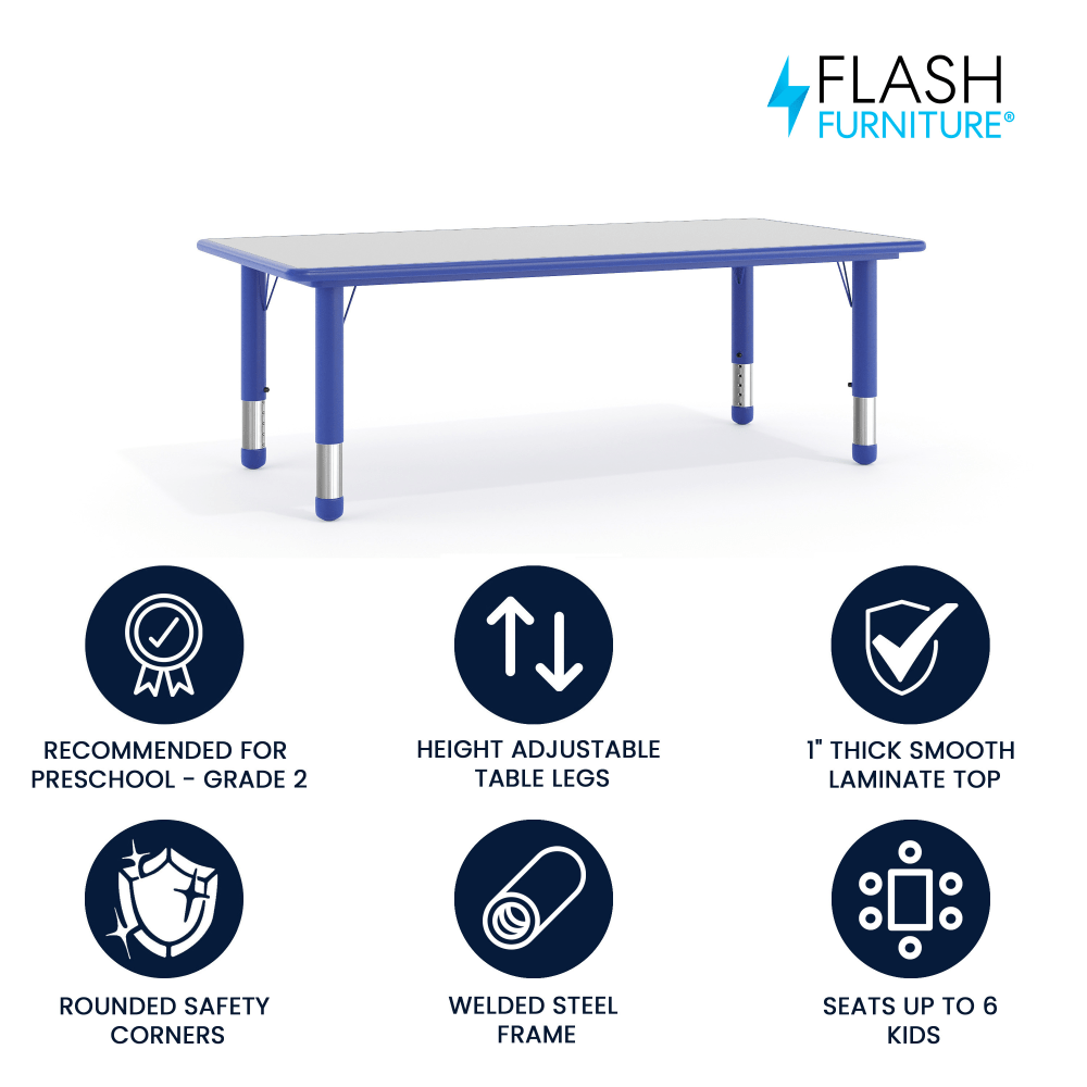 Flash Furniture Height-Adjustable Activity Table, 23-1/2inH x 23-5/8inW x 47-1/4inD, Gray/Blue