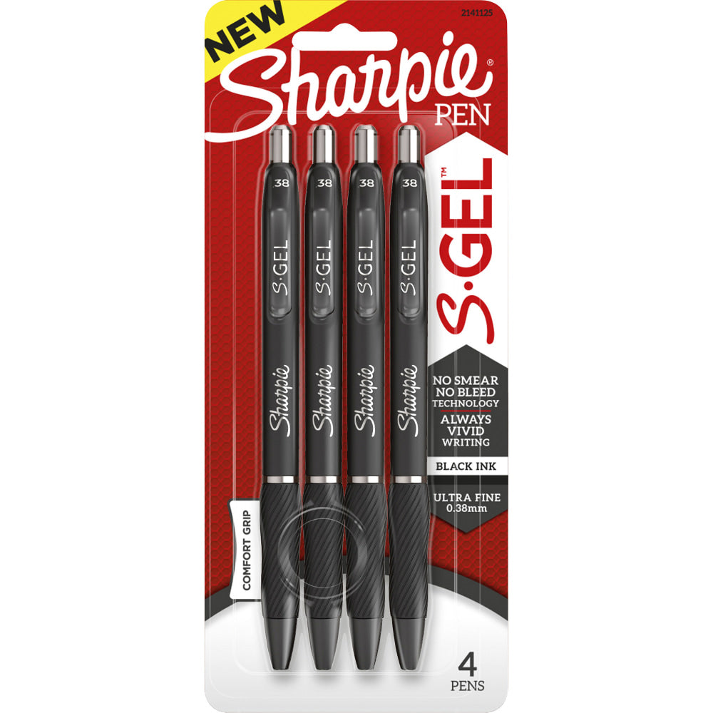 Sharpie S-Gel Pens, Ultra-Fine Point, 0.38 mm, Black Barrel, Black Ink, Pack Of 4 Pens