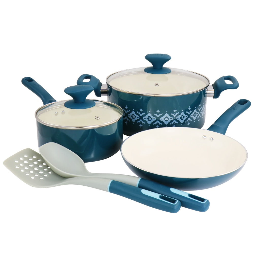 Spice by Tia Mowry Savory Saffron 7-Piece Ceramic Non-Stick Aluminum Cookware Set, Teal